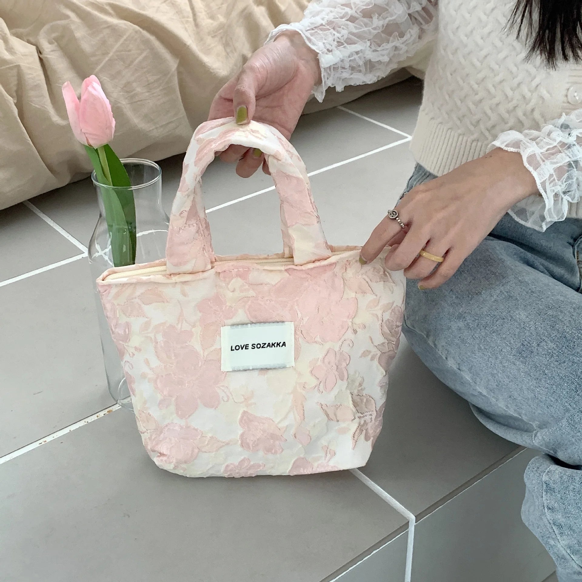 Vintage Jacquard Small Tote Bag Flower Heart Female Purse Handbag