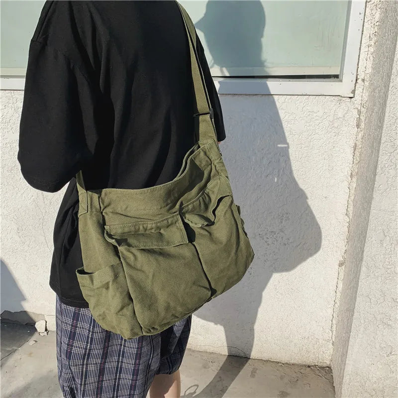Large Capacity Canvas Shoulder Bag Women Crossbody Bag Solid Canvas