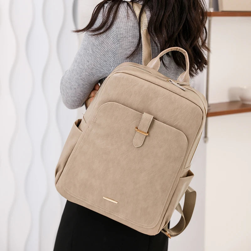 Vintage Pu Leather Women Backpack Laptop Bag for Teenage Girl