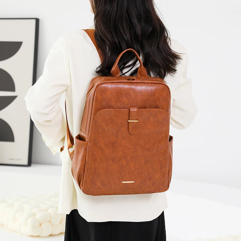 Vintage Pu Leather Women Backpack Laptop Bag for Teenage Girl