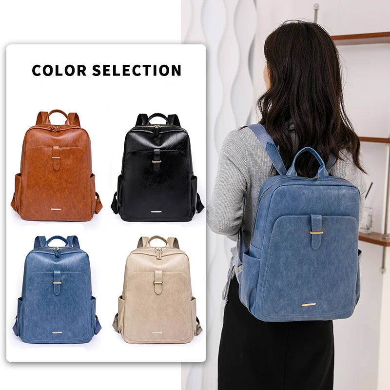 Vintage Pu Leather Women Backpack Laptop Bag for Teenage Girl