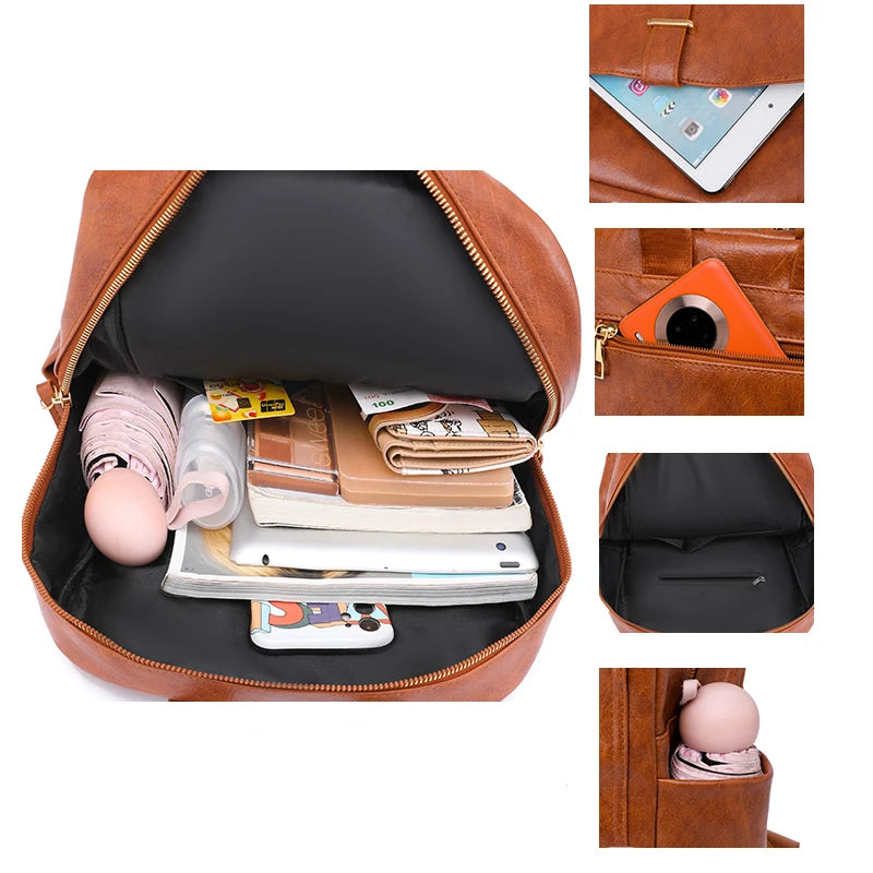 Vintage Pu Leather Women Backpack Laptop Bag for Teenage Girl