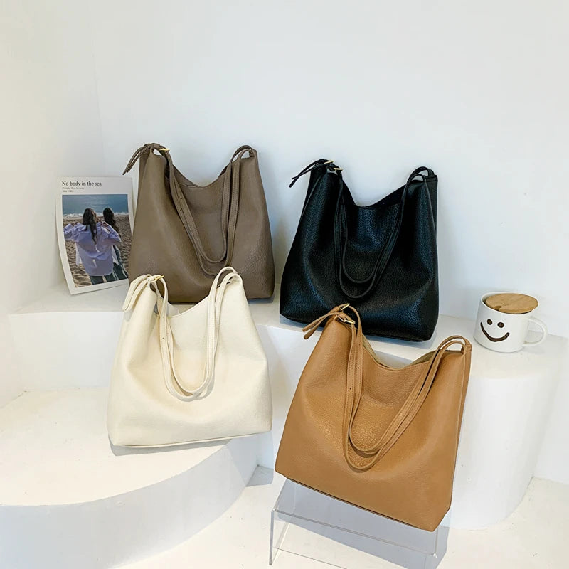 Vintage Large Leather Shoulder Bags for Women - High Capacity Bucket Handbags