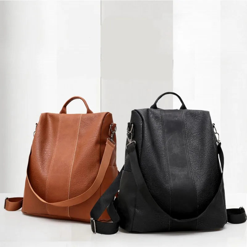 Vintage Leather Anti-Theft Backpack for Women School Business