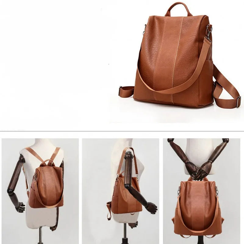 Vintage Leather Anti-Theft Backpack for Women School Business