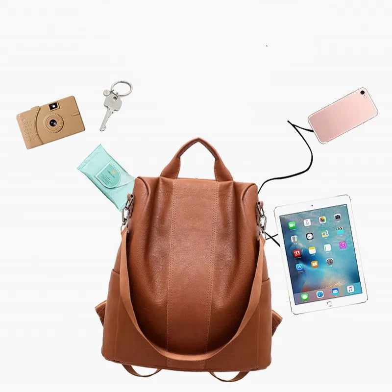 Vintage Leather Anti-Theft Backpack for Women School Business