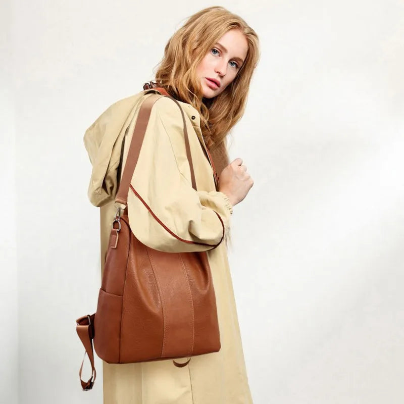 Vintage Leather Anti-Theft Backpack for Women School Business