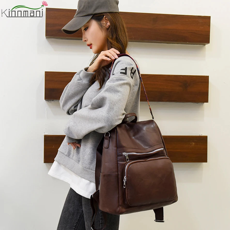 Vintage Leather Backpack Purse for Women High Female Bagpack Rucksack