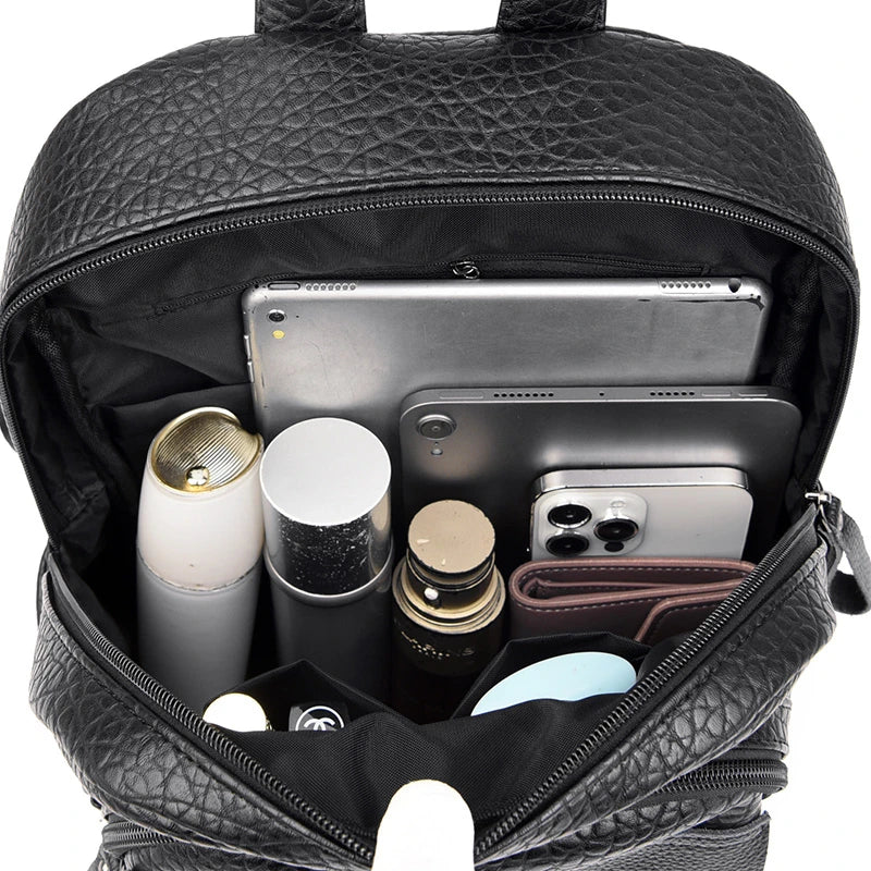 Vintage Leather Women's Waterproof Zipper Backpack Casual Travel Bag