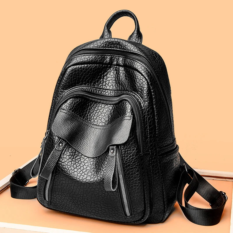Vintage Leather Women's Waterproof Zipper Backpack Casual Travel Bag