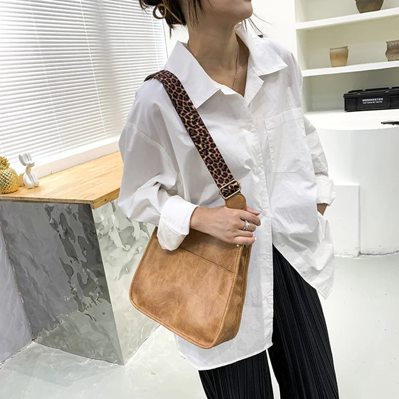 Vintage Leopard Shoulder Bag Women Leather Crossbody Bag For Female Large Tote