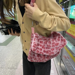 Vintage Leopard Pattern Girls Purse Handbags Soft Plush Furry Women Messenger Ba
