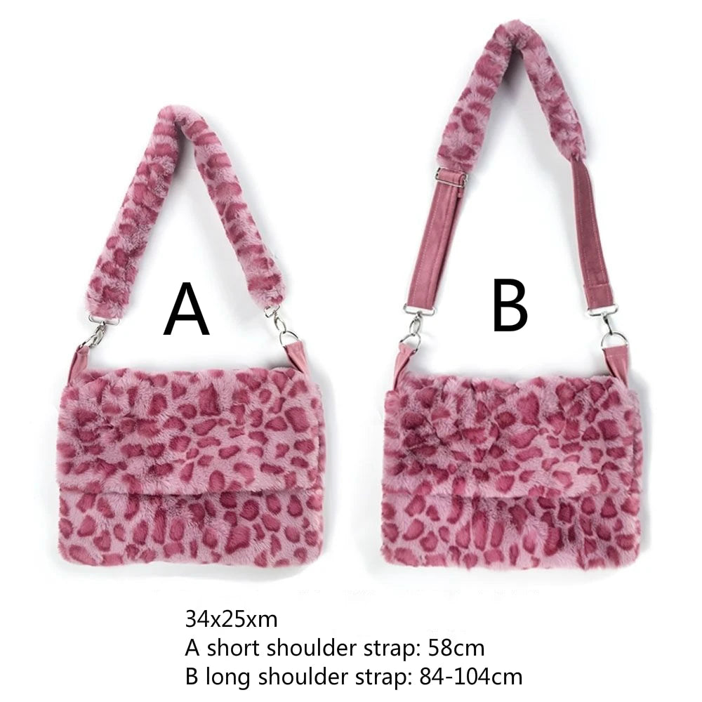 Vintage Leopard Pattern Girls Purse Handbags Soft Plush Furry Women Messenger Ba