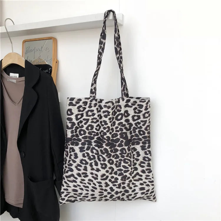 Leopard Print Canvas Shoulder Bag Women Casual Tote Handbag