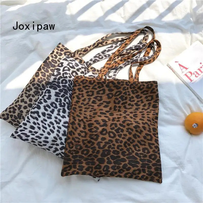 Leopard Print Canvas Shoulder Bag Women Casual Tote Handbag