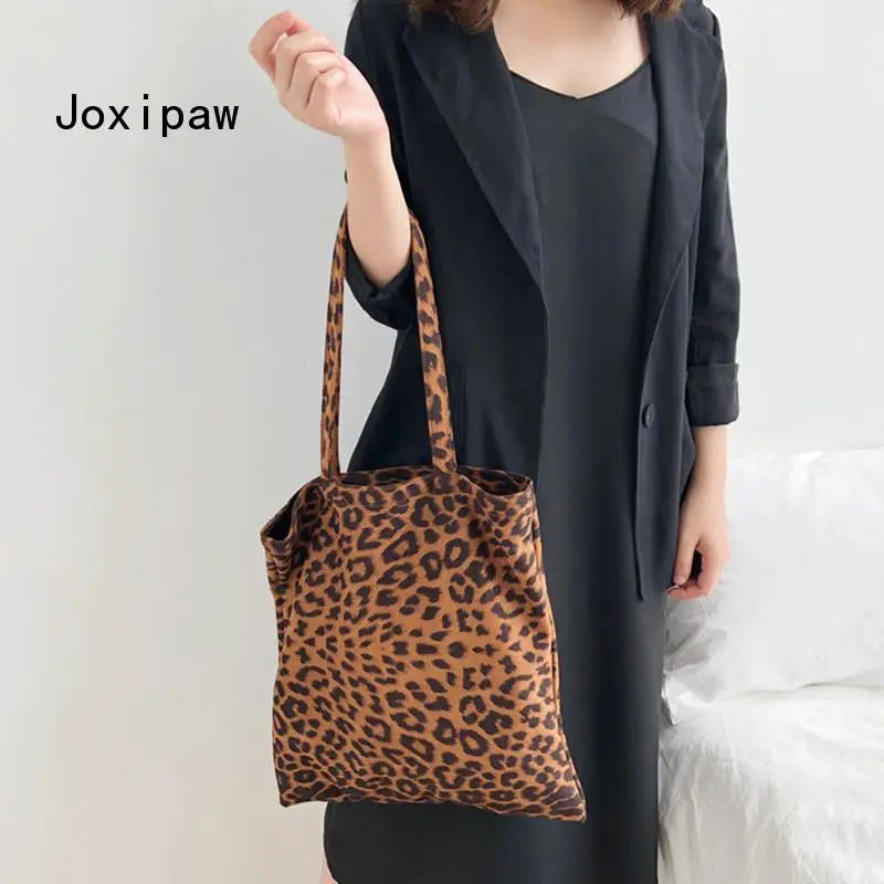 Leopard Print Canvas Shoulder Bag Women Casual Tote Handbag