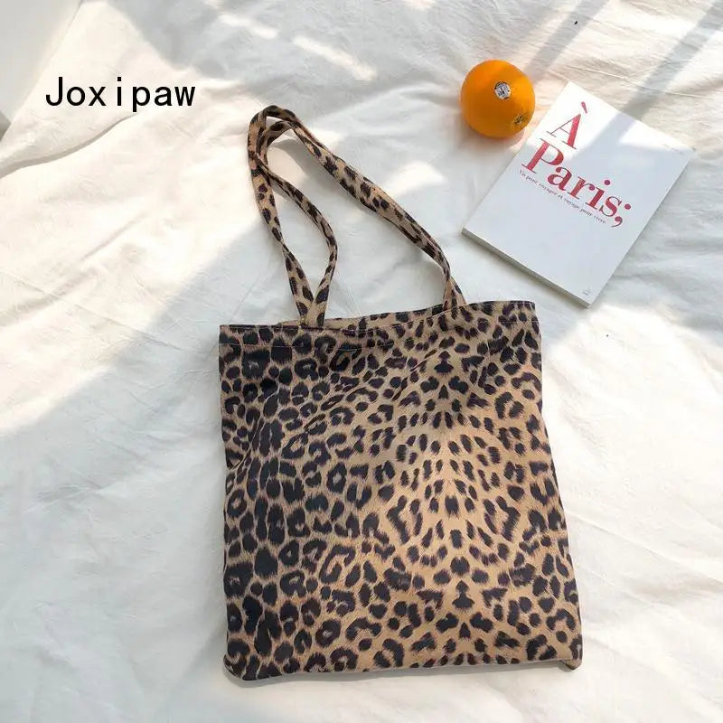 Leopard Print Canvas Shoulder Bag Women Casual Tote Handbag