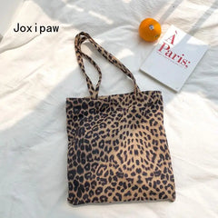 Leopard Print Canvas Shoulder Bag Women Casual Tote Handbag
