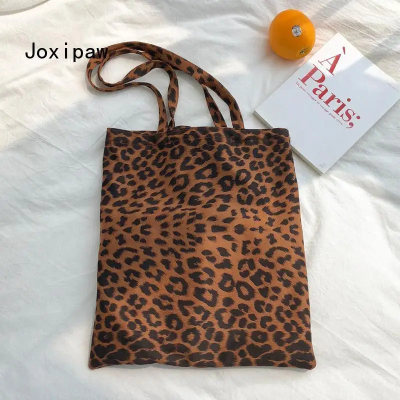 Leopard Print Canvas Shoulder Bag Women Casual Tote Handbag