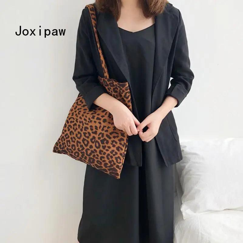 Leopard Print Canvas Shoulder Bag Women Casual Tote Handbag