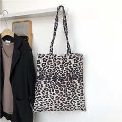 Leopard Print Canvas Shoulder Bag Women Casual Tote Handbag
