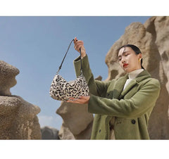 Vintage Leopard Women Plush Hobos Underarm Bag Faux Fur Small Shoulder Ba