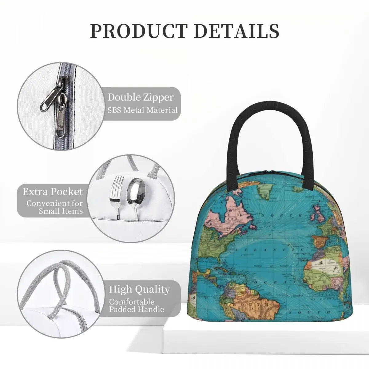 Vintage Map Print Lunch Bag Men World 1897 Travel Lunch Box