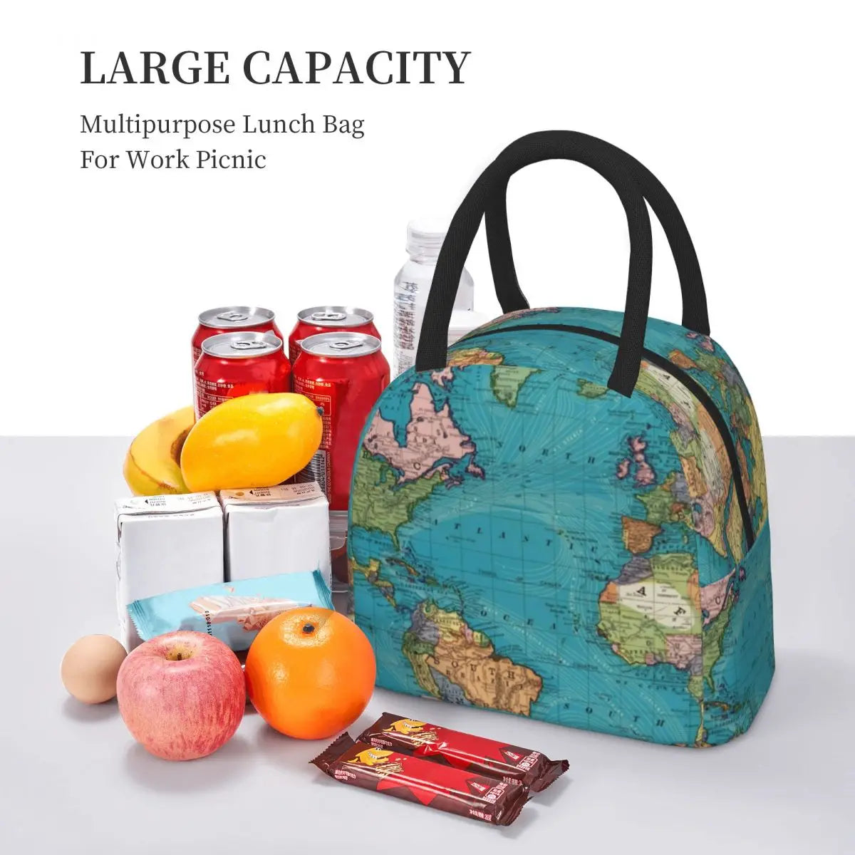 Vintage Map Print Lunch Bag Men World 1897 Travel Lunch Box
