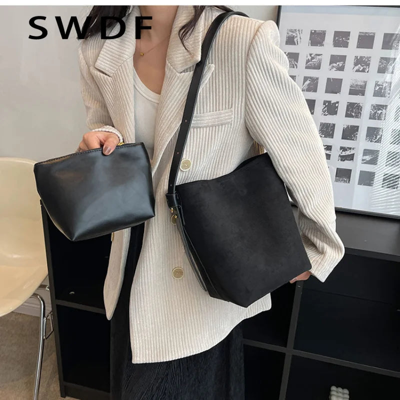 Vintage Matte Leather Women Bucket Bag Winter Crossbody Bag Ladies Shoulder Bags
