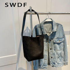 Vintage Matte Leather Women Bucket Bag Winter Crossbody Bag Ladies Shoulder Bags