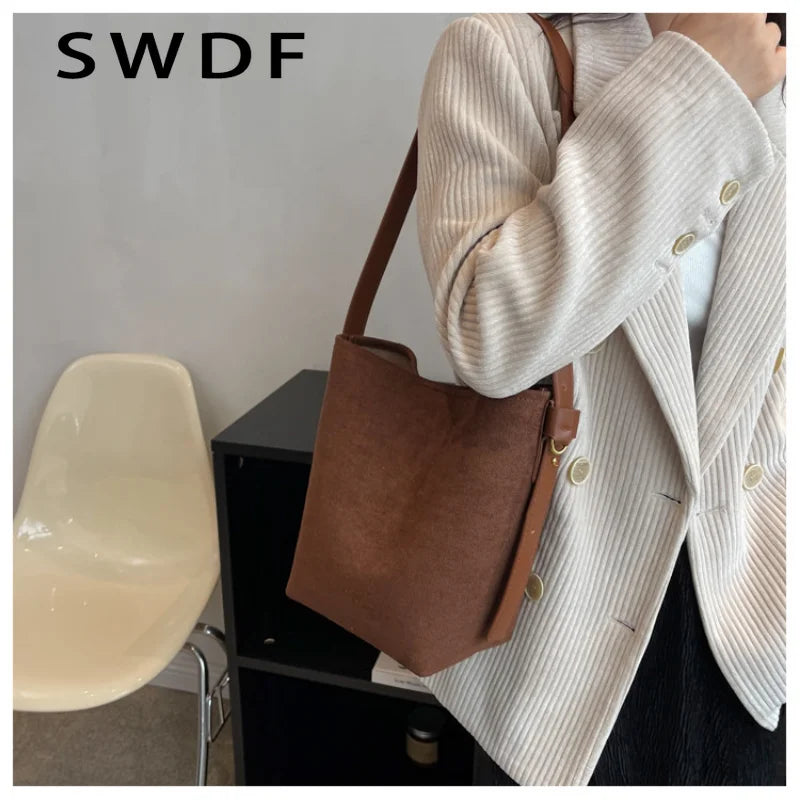 Vintage Matte Leather Women Bucket Bag Winter Crossbody Bag Ladies Shoulder Bags