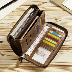 Vintage Men Long Wallet Split Cow Leather Clutch Bag Zipper Money Pocket