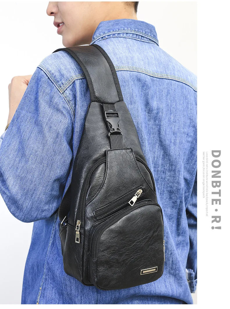 Vintage Mens PU Leather Shoulder Bags Travel Storage Bag Male Chest Pack