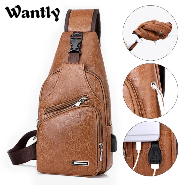 Vintage Mens PU Leather Shoulder Bags Travel Storage Bag Male Chest Pack