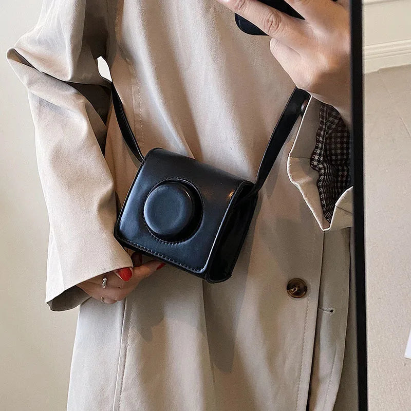 Vintage Modern Textured Women's Mini Square Bag Camera Shape Crossbody Flap