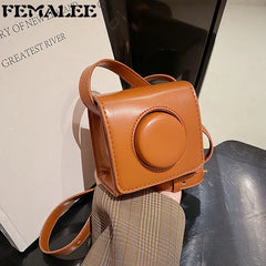 Vintage Modern Textured Women's Mini Square Bag Camera Shape Crossbody Flap