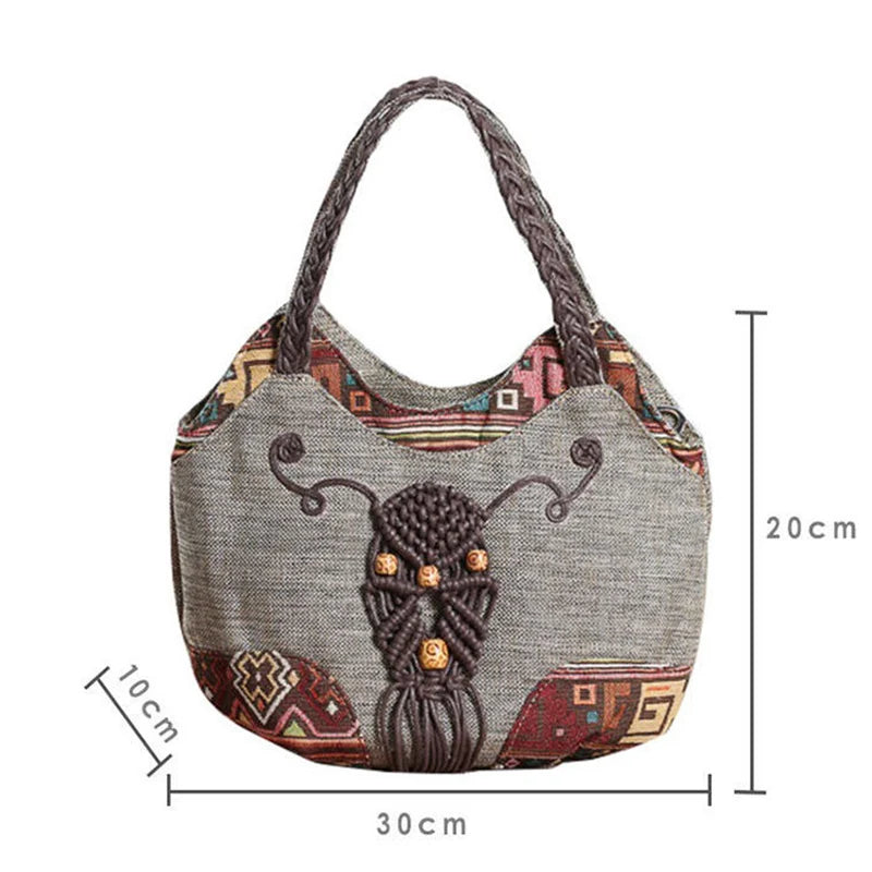 Vintage National Style Shoulder Bag Female Large Capcity Totes Bag Linen Handbag