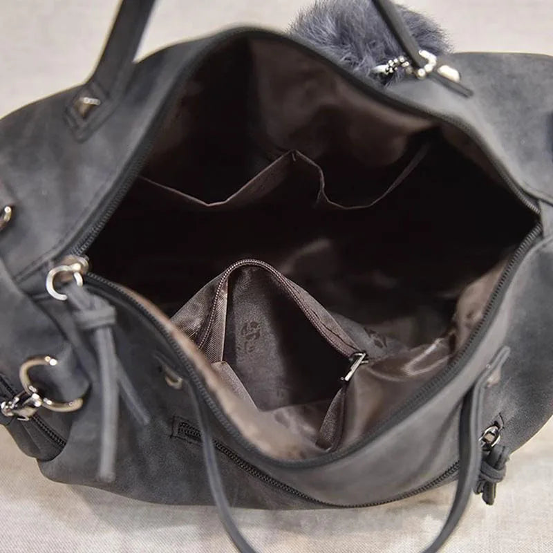 Vintage Nubuck Leather Ladies Handbags Rivet Larger Women Bags Shoulder Bag
