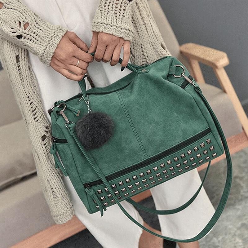 Vintage Nubuck Leather Handbags for Women Rivet Shoulder Bag