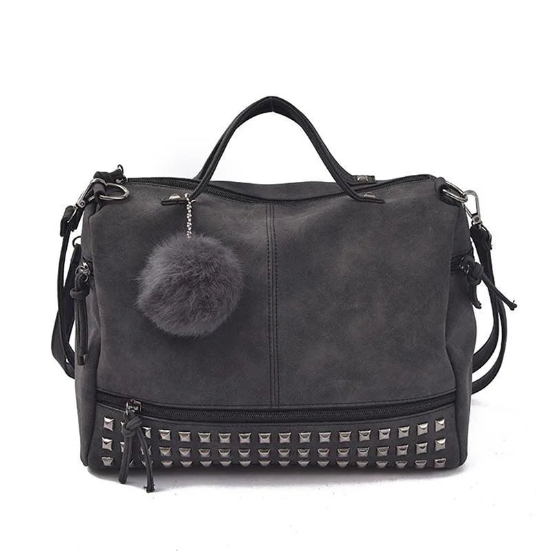 Vintage Nubuck Leather Ladies Handbags Rivet Larger Women Bags Shoulder Bag