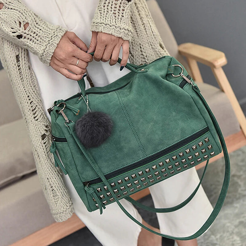 Vintage Nubuck Leather Ladies Handbags Rivet Larger Women Bags Shoulder Bag