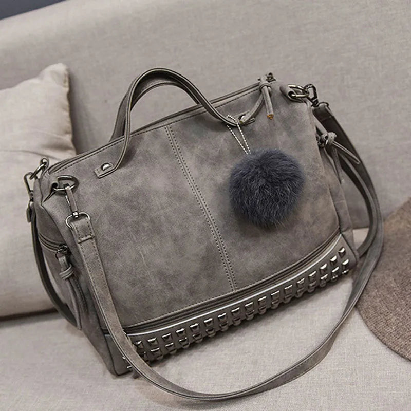 Vintage Nubuck Leather Ladies Handbags Rivet Larger Women Bags Shoulder Bag