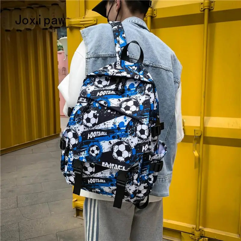 Vintage Nylon Football Print Backpack Large Capacity Travel Backpacks