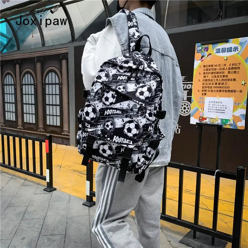 Vintage Nylon Football Print Backpack Large Capacity Travel Backpacks