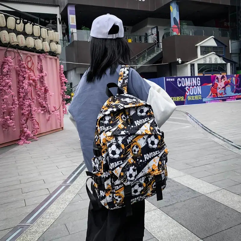 Vintage Nylon Football Print Backpack Large Capacity Travel Backpacks