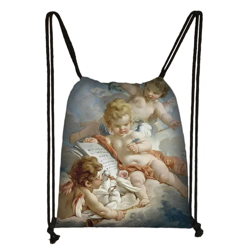 Vintage Oil Angel Print Drawstring Bags for Women