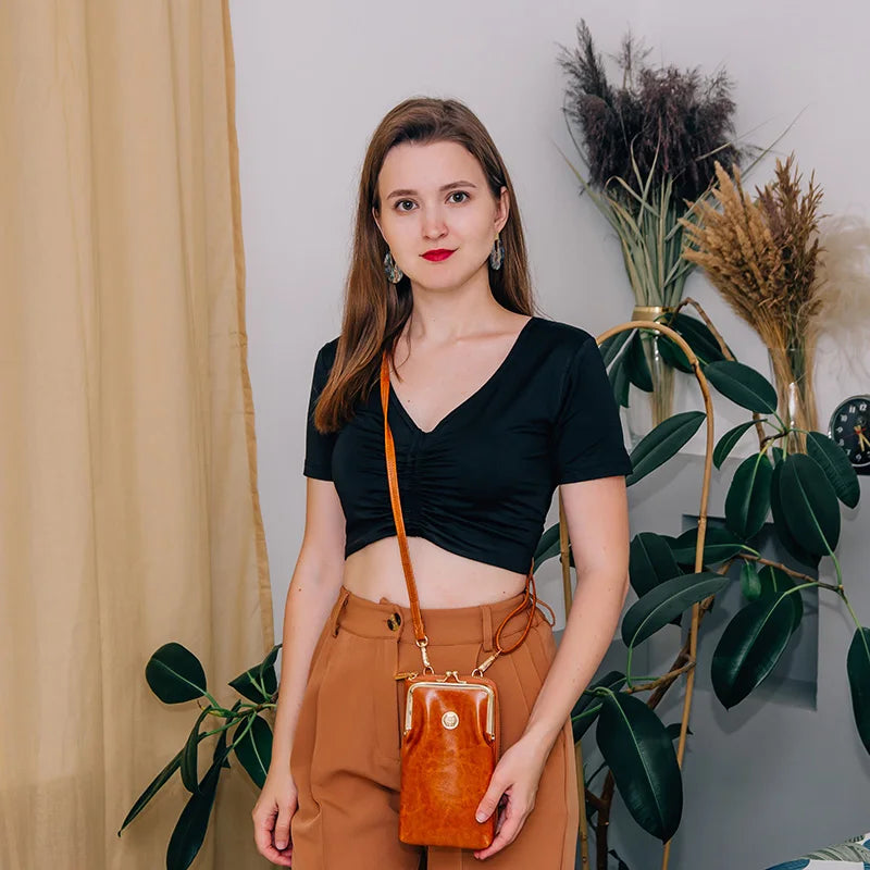 Vintage Oil Wax Leather Phone Bags Women Small Shouder Bag
