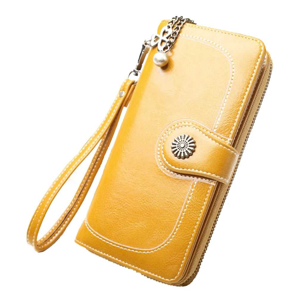Vintage Oil Wax Leather Wallets Women Long Purse Phone Pouch Zipper Purse