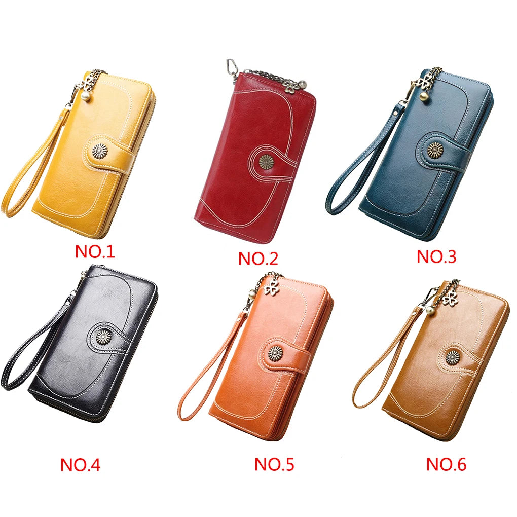 Vintage Oil Wax Leather Wallets Women Long Purse Phone Pouch Zipper Purse