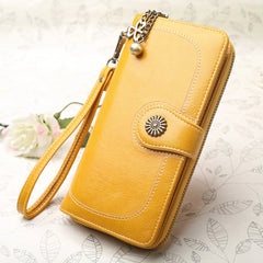 Vintage Oil Wax Leather Wallets Women Long Purse Phone Pouch Zipper Purse